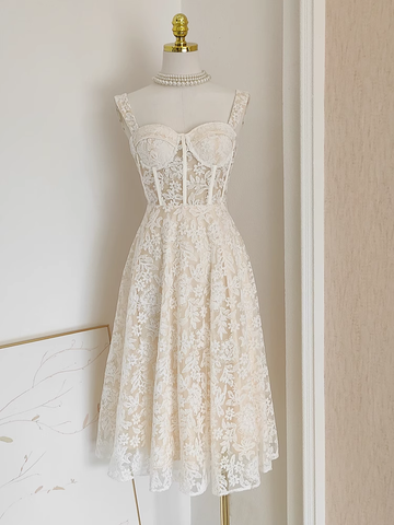A Line Spaghetti Straps Tulle Lace White Women's Holiday Dresses SD223